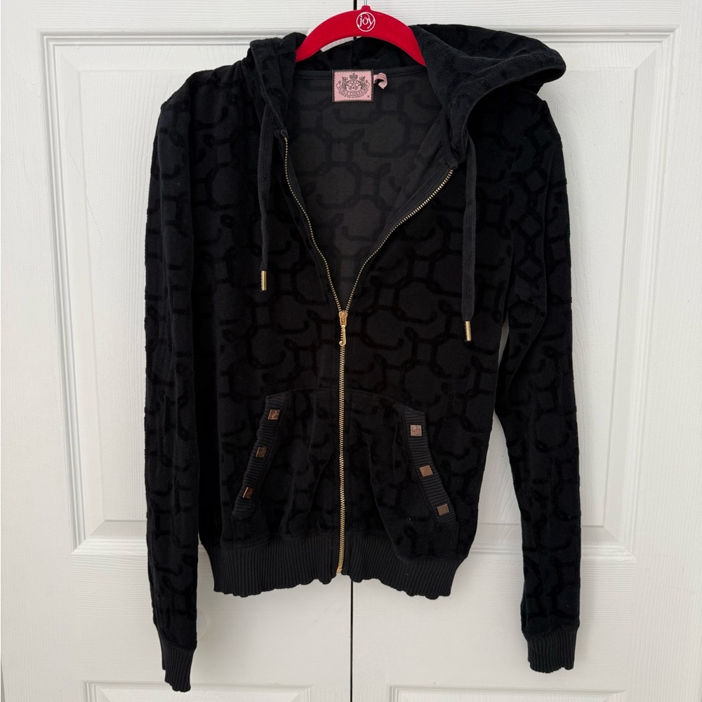 Juicy Couture Black Hooded Velvet Zip-Up Jacket with Gold Hardware size M Y2K - Picture 3 of 10